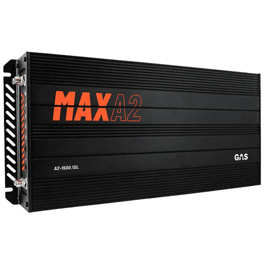 GAS Audio MAX A2-1500.1DL Mono-Endstufe in Schwarz mit orangefarbenem Schriftzug und Kühlrippen