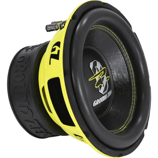 Ground Zero GZRW 10XSPL Subwoofer in Schwarz mit gelbem Motorkorb und genähter Sicke