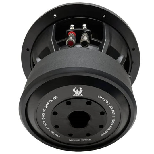 Phoenix Gold ZMAX82 8 Zoll SPL-Subwoofer mit 500 Watt RMS, Rückansicht mit Magnet und Anschlussterminals