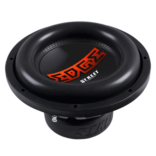 Edge Audio Street Series EDS12D2 Subwoofer in Schwarz mit orangefarbenem Logo und Gummisicke
