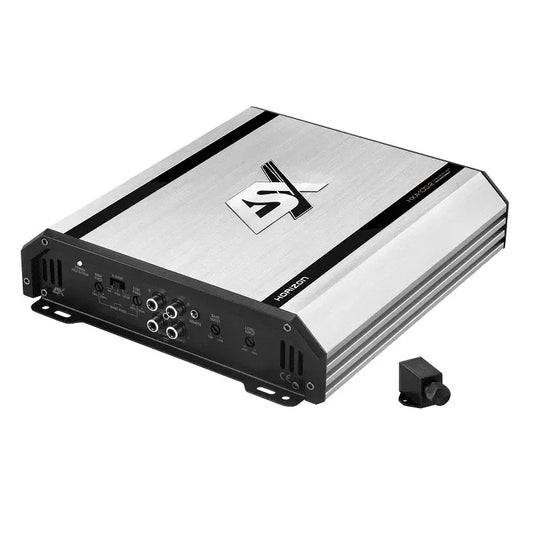 ESX Horizon HXA100 Endstufe in gebürstetem Aluminium mit RCA-Eingängen, Filtern und externem Bassregler