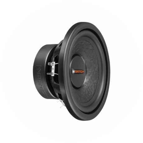 Match Auto-Subwoofer schwarz mit orangenem Logo, seitliche Anschlüsse