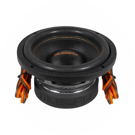 Musway Subwoofer mit orangefarbenen Nähten, Ansicht von schräg vorne