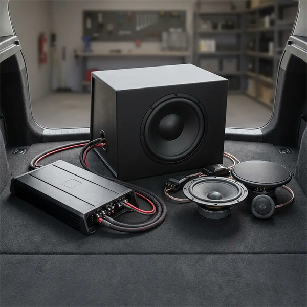 Car-HiFi Komplettsystem mit Endstufe, Subwoofer und Komponentenlautsprechern im Kofferraum