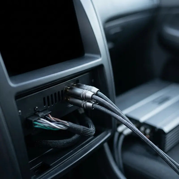 Cinch-Kabel an Headunit angeschlossen, Signalweg zur Endstufe im Fahrzeug