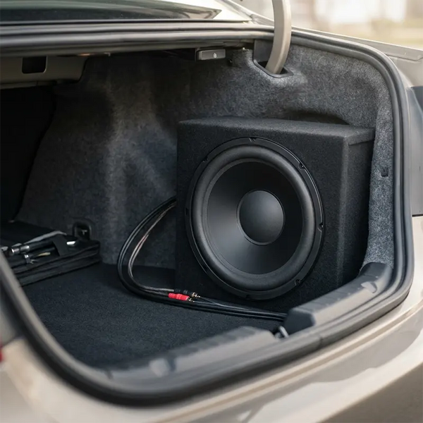 Subwoofer in schwarzem Gehäuse im Kofferraum eingebaut mit angeschlossenem Cinch-Kabel